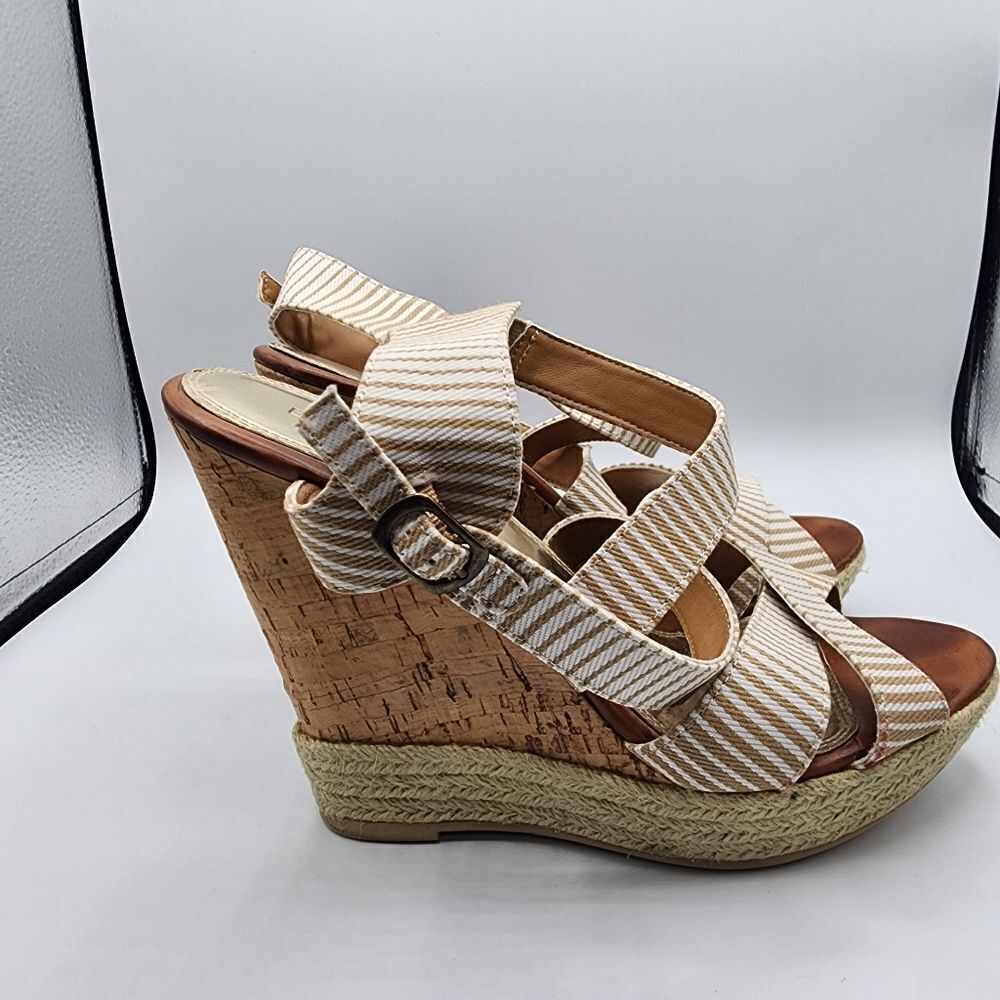Bakers tan & white strappy cork wedges